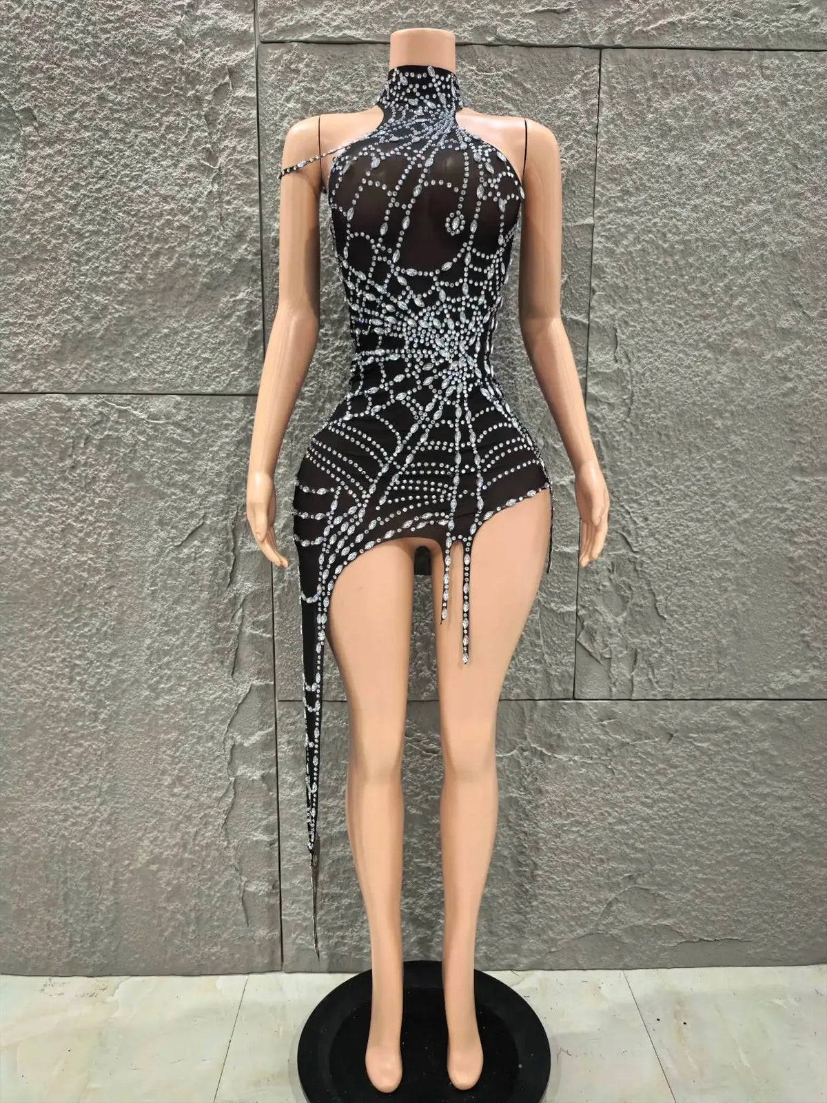 Women Luxury Black Mesh Spider Crystal Asymmetric Bodycon Mini Dress Sexy Sensual Evening Club Nightwears Showgirls Dress