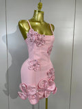 Elegant Chic 3D Beaded Flower Spaghetti Strap Short Bodycon Bandage Dress Luxury Party Prom Gown Birthday Wedding Guest Dresses