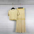 Elegant Two Piece Set For Women Multi Color Hollow Wave Knit Short Sleeve Crew Neck Scallop Hem Maxi Skirt For Daily Commute