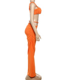 Bandage Ruched 2 Piece Set Women Square Collar Bra+Skinny Long Skirts 2025 Summer Vacation Beach Party Trend Suits