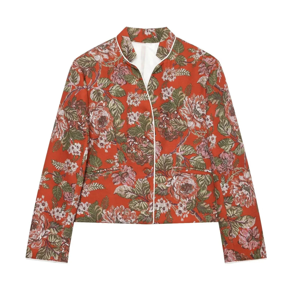 Women Floral Jacquard Contrasting Trim Blazer Lapel Collar Waist-cinching Single-breasted Jacket Autumn Lady Chic Coats 2026 New