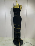Elegant Black Sexy Square Collar Tassel Sleeveless Bodycon Bandage Dress Women Celebrity Evening Party Prom Birthday Dresses