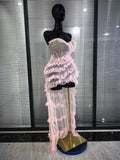 New Arrival Women Pink Rhinestones Mesh Ruffles Sexy Laced-up Long Maxi Dress Birthday Photoshoot Wear Cocktail Party Cute Dress
