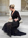 Sexy V-neck Polka Dot Long Dress Women Middle Sleeve Waist-cinching Slit Maxi Dresses Female Summer Chic Evening Party Dresses