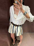 Boho Colorful Stripe Midi Skirt Set Turn Down Collar Single Breasted Long Sleeve Shirt Fitted Waist Flowy Women Skirts Outfits