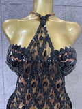 Sexy Crystal Mesh Halter Mini Dress Women Sheer Sequin Embellished Bodycon Outfit Birthday Party Nightclub Performance Costume