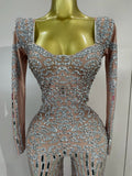 Sexy Perform Costume Sparkly Rhinestones Sequins Long Sleeves Print Jumpsuit Women Evening Party Birthday Nightclub Stage Wear