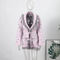 Women's Shawl Collar Fringe Knitted Cardigan Self Fabric Belt Waist Ethnic Print Loose Long Sleeve Mid Length Coat Autumn Casual