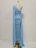 Luxurious Blue Diagonal Collar Sheer Mesh Maxi Dress for Women Off One Shoulder Cape Sleeves Ruched Waist for Dinner Party