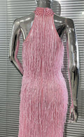 Women's Glam Low-Cut High Split Sleeveless Fringed Dress Fashion Party Dinner Evening Gown Performance Costume Vestidos De Noche