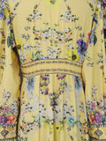 Yellow Floral Print Puff Sleeve Maxi Dress for Women Deep V Neck High Waist Asymmetrical Ruffle Hem Skirt for Garden Parties