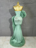 Sexy Mermaid Evening Dress Mint Green Fold Tulle Ruffle Train Rhinestone FoldFormal Gown For Women Pageant Performance Costume
