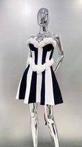 Women's Spring 3D White Rose Black White Striped Tube Top Skirt Fashion Elegant Dinner Party Bandage Performance Gown Robe Femme