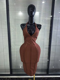 Brown Black Women Sexy Halter V-Neck Bodycon Midi Bandage Dress Bar Singer TV Show Performance Costumes Birthday Clothing