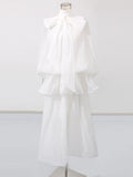 Solid Spliced Lace Up Loose Thin Dresses For Women Stand Collar Long Sleeve High Waist Temperament Dress Female New 2025