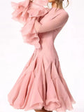 Women's Irregular Pleated Patchwork Fashion Long Flare Sleeve Waist Cinching Midi Dresses 2026 New Female Clothing