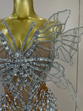 Sexy 3D Butterfly Strapless Mesh See Through Jumpsuit Sparkly Silver Diamond Eveing Party Birthday Bar Nightclub Stage Costumes