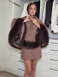 Women Plaid Fur Trim Cape Mini Skirt Set High Neck Checkered Shawl Coat Short Skirt Two Piece Outfit 2026 Autumn Elegant Suit