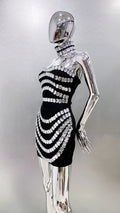 Sparkly Big Crystal Women Sexy Strapless Bodycon Mini Bandage Dress Necklace Celebrate Nightclub Party Photo Shoot Wear
