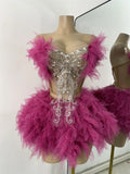 Sparkly Sequins Strapless Top Mini Skirt Sets Luxury Mesh Backless Women's Outfit Two Pieces Birthday Celebrate Stage Wear