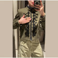 Women Woven Patchwork Napoleon Jacket Shoulder Pad Long Sleeve Hook Closure Street Blazer 2026 Spring Chic Casual Edgy Crop Coat