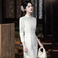 White Embroidery Thickened Chinese Style Long Sleeved Cheongsam Women's Retro Slim Fit Autumn and Winter Qipao Dress