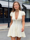 Women Solid Polka Dot Mini Dress Deep V Neck Puff Sleeve Pleated Front Button A-line Short Dresses Elegant Party 2026 Lady Gown