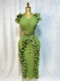 Women Ruffles Splicing V-neck Sleeveless Bodycon Midi Pleated Maxi Long Dress  Birthday Sexy Club Party Even Dresses