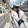 2026 Winter Exclusive Striped Faux Fur Jacket Women Overcoat Brand Blogger Fashion Fluffy Fox Fur Collar Coat Outerwear