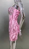 Women's Stylish Shawl Super Shiny Rhinestone Sequin Embroidered Pink Tube Top Dress Luxury Haute Couture Fashion Hot Party Gown