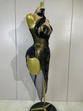 Women Black Sexy Mesh Asymmetric Bodycon Mini Dress Sparkly Diamonds Nightclub Bar Party Show Gogo Dancer Clothing Stage Costume
