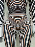 Women Long Sleeve Zebra Stripes Bodycon Jumpsuit Two Piece Set Birthday Party Nightclub Stage Performance Halloween Rompers