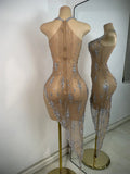 Women Sexy Sleeveless Rhinestones Chic Evening Gown Mesh See Through Performance Dance Costume Singer Stage Wear