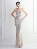 2025 Sequin Long Strap Evening Dress Party Etiquette Celebration Robe Dress Sleeveless V-neck Robe Sexy Gowns Maxi Dress