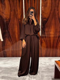 Solid Color Tie Neck Satin Blouse Wide Leg Pants Two Piece Set Long Sleeve Loose Fit 2026 Spring Daily Vacation Women Outfit