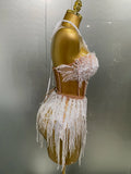 Sexy Pearl Sequins Tassel Sleeveless Glitter Mini Dress Women Singer Bar Nightclub Stage Performance Clothing Show Outfit