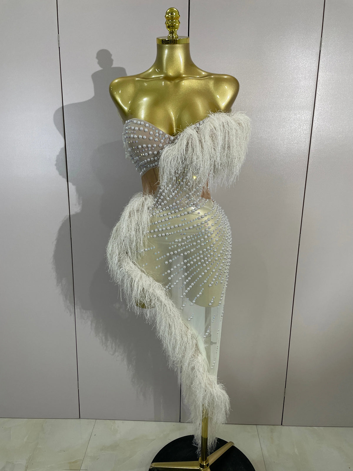New Sparkly Rhinestone Off The Shoulder White Mesh See-Through Long Dress Sexy Eveing Party Birthday Nightclub Stage Costume