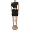 Metal Ring Hollow 2-Piece Set Women Irregular Skew Collar Crop Top+Peach Hip Skirt Matching Sexy Clubwear  Outfits