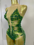 Women Sparkly Green Rhinestone Tassels Sexy Latin Dancer Mesh Bodysuit Eveing Party Birthday Nightclub Performance Stage Costume