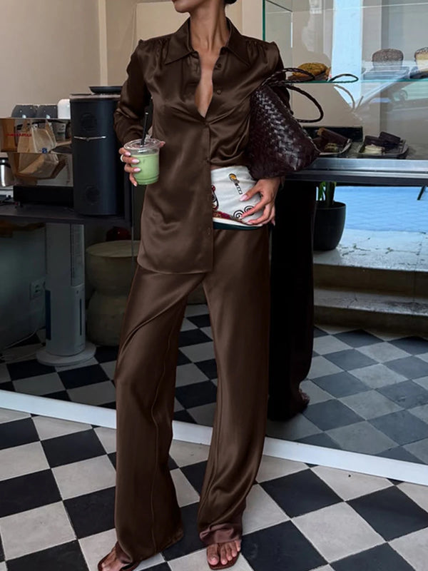Brown Spliced Folds Two Piece Set Female Lapel Long Sleeve Shirt Vintage Commute Women's Trousers Sets Fashion New