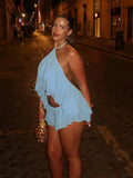 Ruched Elegant 2 Piece Set Woman Tierred Design Halter Backless Irregular Tops+Mini Shorts Beach Party Style Suits