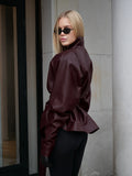 American Retro Burgundy Leather Jacket for Women Stand Collar Long Sleeves Slimming Design Coat Female Winter New