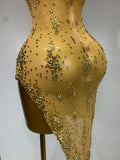 Sparkly Crystal Diamond Gold Sexy See-Through Sheath Dress Nightclub Performance Custome Stage Wear Birthday Evening Party Dress