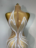 Women Luxury White Pearl Sequines Mesh Transparent Long Dress Club Elegant Evening Party Dress Birthday Photoshoot Clothing