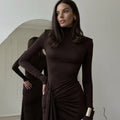 Elegant Turtleneck Curvy Brown Dress Women's Sexy Long Sleeve Shoulder Pad Party Evening Tight Elastic Dresses Winter New Black