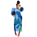 Elegant Women Pleated Half Lantern Sleeve O-neck Slim Maxi Long Dress Print Fashion Autumn 2024 Ruched Dresses Vestidos