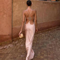 Thin Strap Diamond Back Women Maxi Dress Round Neck Cut Out Irregular Back Buckle Detail Fitted Waist Floor Length Long Dress