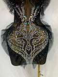 Sparkly Rhinestone Strapless Black Mesh See Through Mini Dress Women Eveing Party Birthday Singer DJ Nightclub Bar Stage Costume