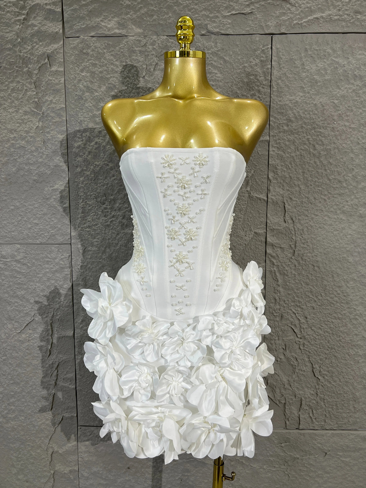 Strapless Corset Bandage Mini DressWomen Hand Beaded 3D Floral Bodycon ShortCocktail Party Wedding Guest Evening Dress