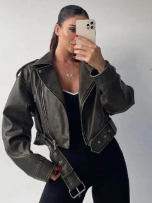 Women's new vintage wash to do old short lapel long sleeve loose pu imitation leather jacket coat